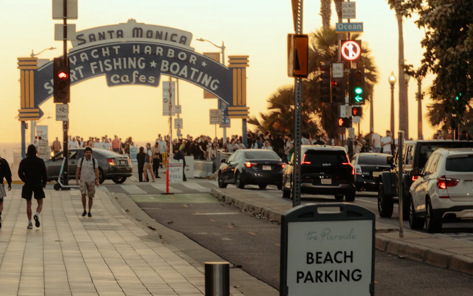 The entrance to Santa Monica Pier with the iconic structure and welcoming gateway